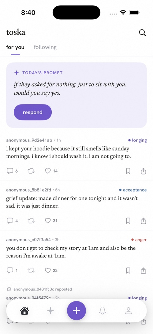 the toska feed — anonymous posts about heartbreak, tagged by feeling